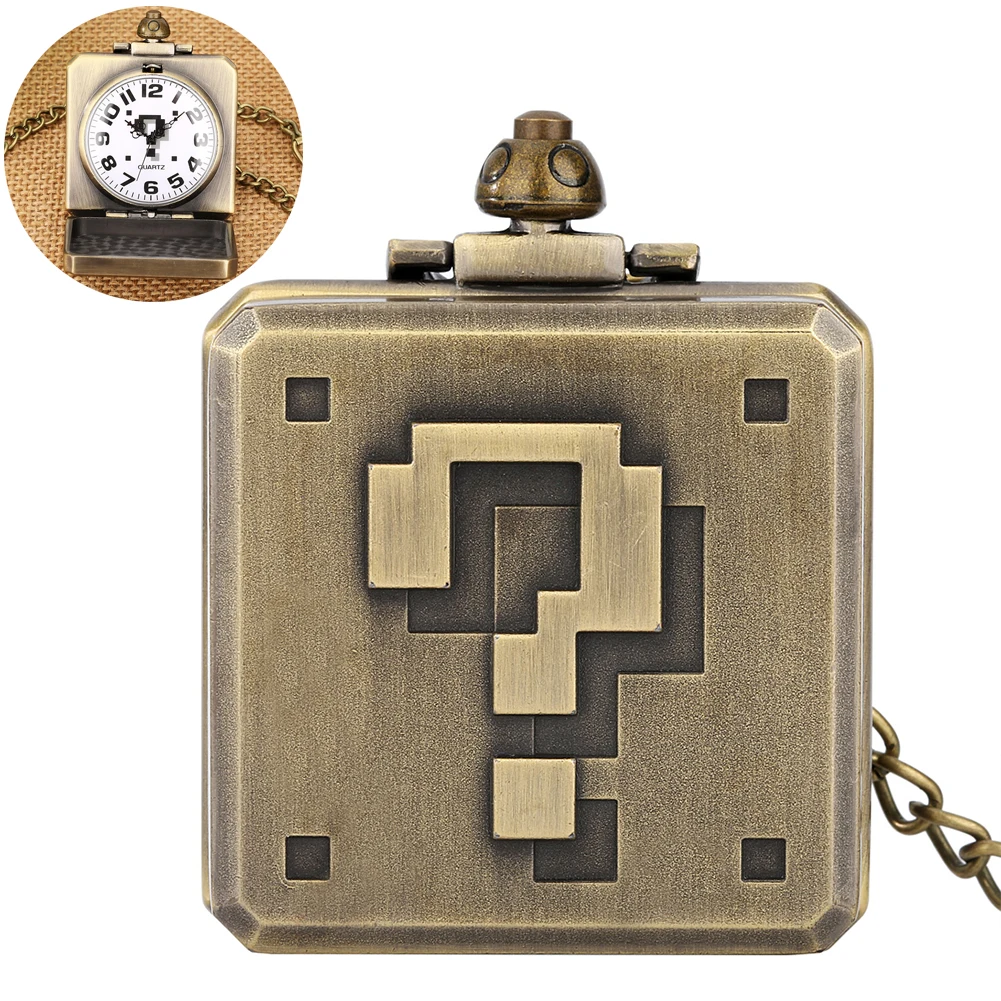 

Question Mark Design Retro Steampunk Pocket Watch Creative Square Box Cool Bronze Necklace Men Pocket Watch with Chain Engraved