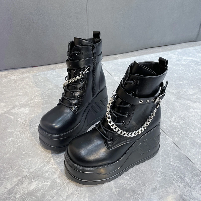 2022 Punk Style Super Wedge Heel Flat Metal Chain Women's Ankle Boots Super Platform Cross Lace Side Zip Muffin Heel Short Boots