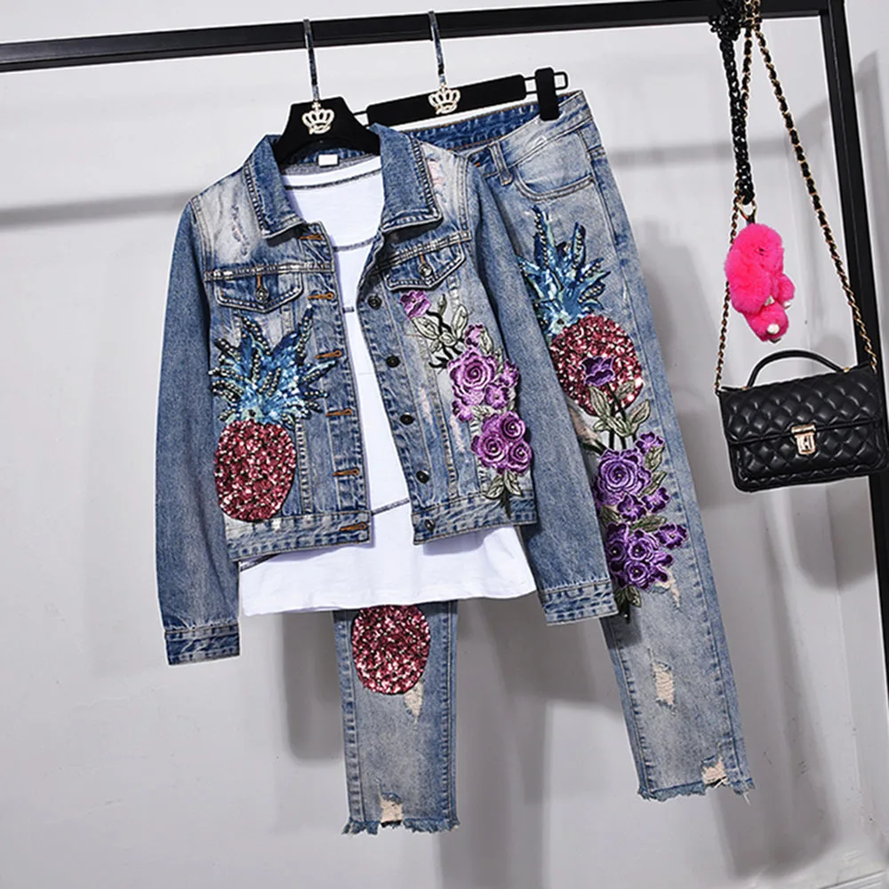 

2022 Spring Autumn European Fashion Printing Denim Suit Women's New Stretch Denim Jacket Skinny Pants Fashion Two-Piece Outfit