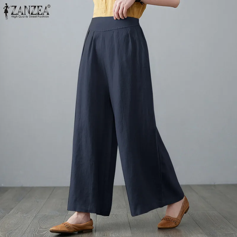 

ZANZEA Women Spring Trousers Vintage High Waist Cotton Wide Leg Pants Oversized Harem Palazzo Turnip Solid Loose Long Pantalon