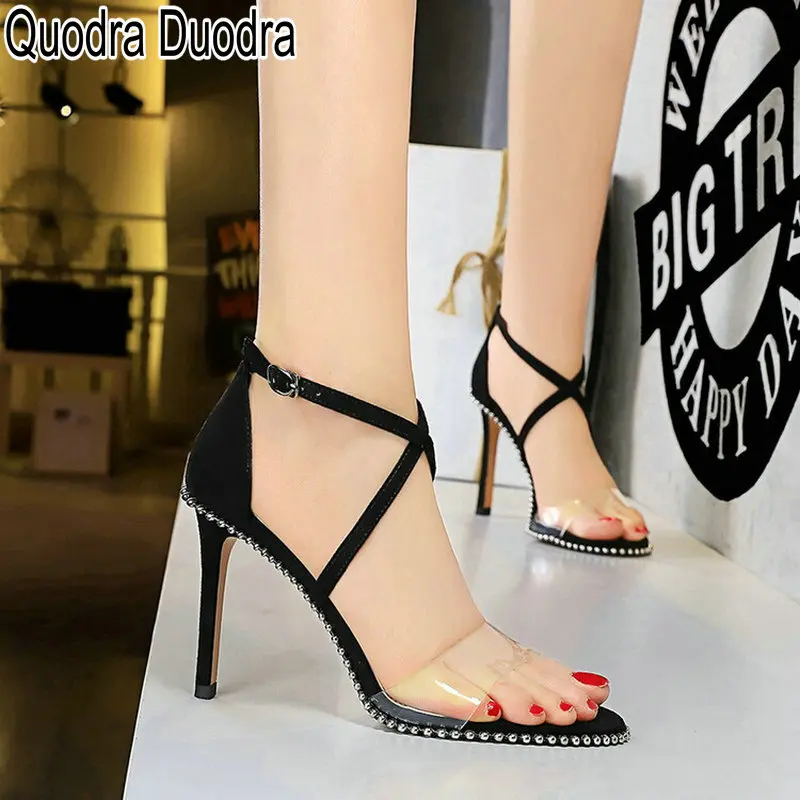 

2022 PU New Summer Sandals Women Shoes Thin Super High Heels Pumps Female Fashion Party Open Toe Flock Sexy Cross Tie Buckle