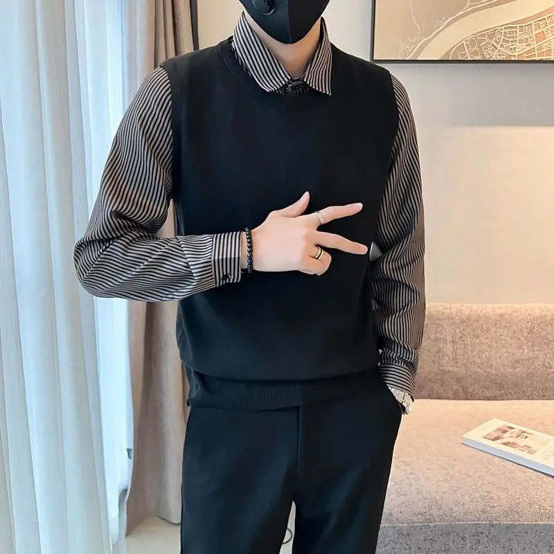 Осенне-зимние модные мужские Свободные Повседневные вязаные топы с имитацией