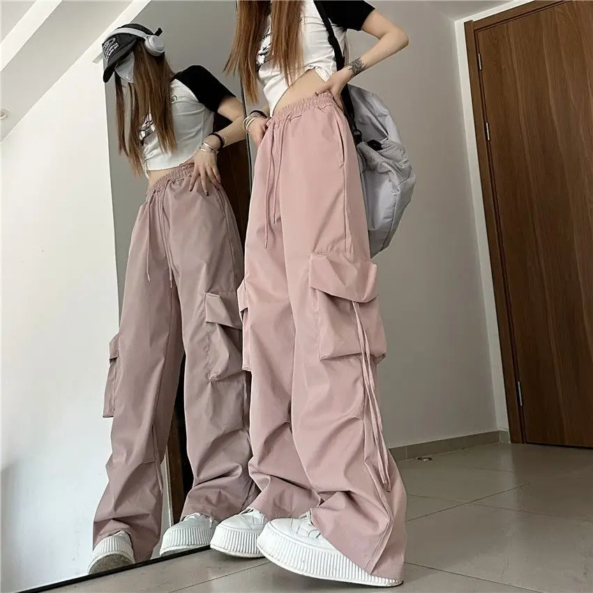 Women's Y2K Clothes Blue High Waist Cargo Parachute Pants Streetwear Baggy Wide Leg Trousers Hippie Harajuku Korean Style
