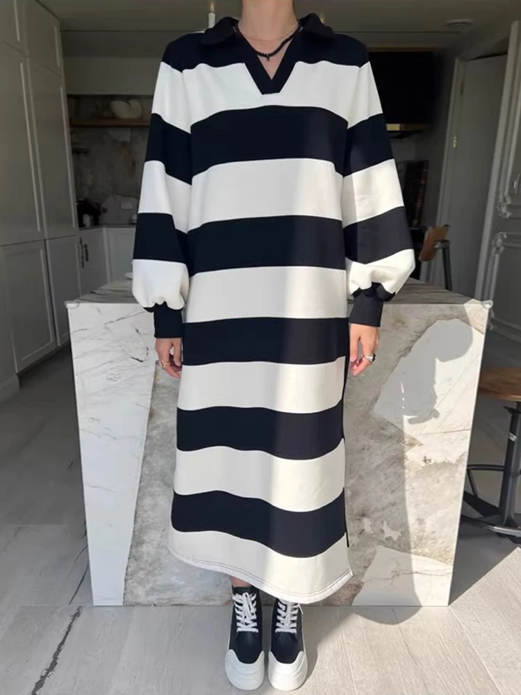 Южная Корея Шикарное осенне-зимнее платье с капюшоном в полоску контрастного