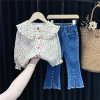 spring and autumn girls clothes sets new fashion childrens long sleeve shirts jeans flared pants two piece baby suits