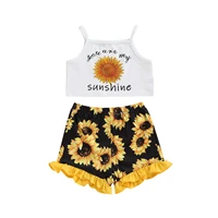 kids baby girls clothing summer cotton suit sunflower letter printed sleeveless strap tamks tops printed ruffled short pants