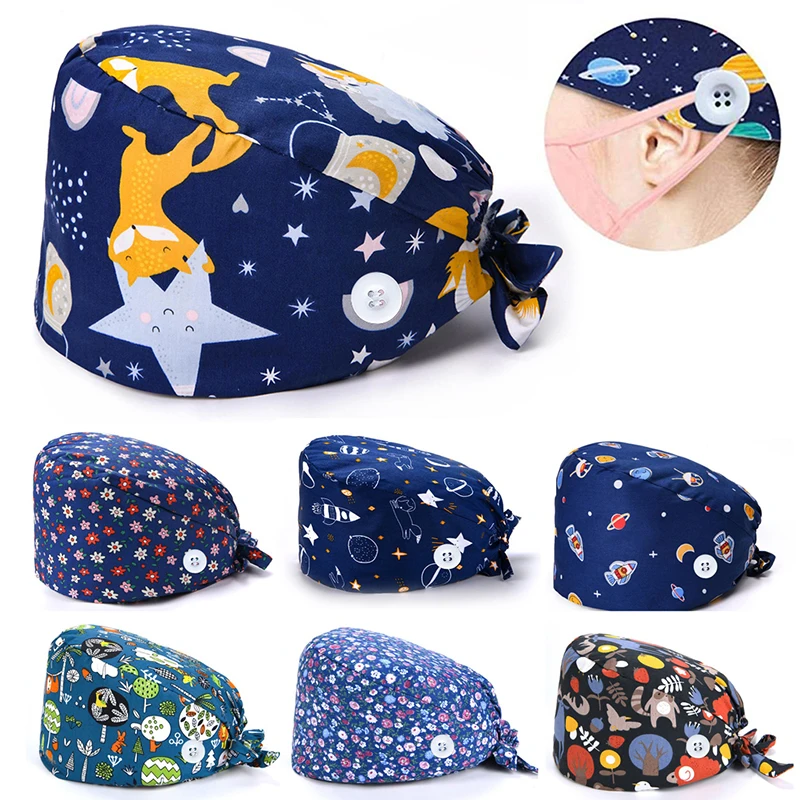 

Unisex Cotton Surgical Cap Sweat-Absorbent Towel ECG Embroidery Print Nurse Caps Doctor Flat Hats