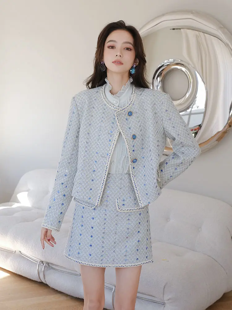 

2023 Spring Autumn Women New Two Piece Sets Female Short O-neck Jacket Coat + Mini A-line Skirts Ladies Fashion Suits R171