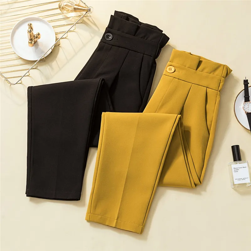 

Yellow Pear Shaped Trousers 200kg High Waist Cropped Trousers 2022 Spring New Lace High Waist Slim Casual Trousers