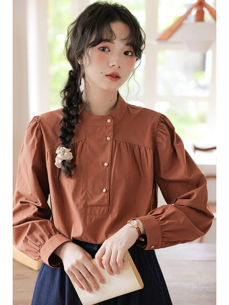 Женская рубашка с воротником-стойкой свободная универсальная длинным рукавом в