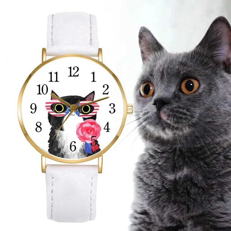 

Часы для девочек, белый ремешок, женские кварцевые часы с мультяшным котом