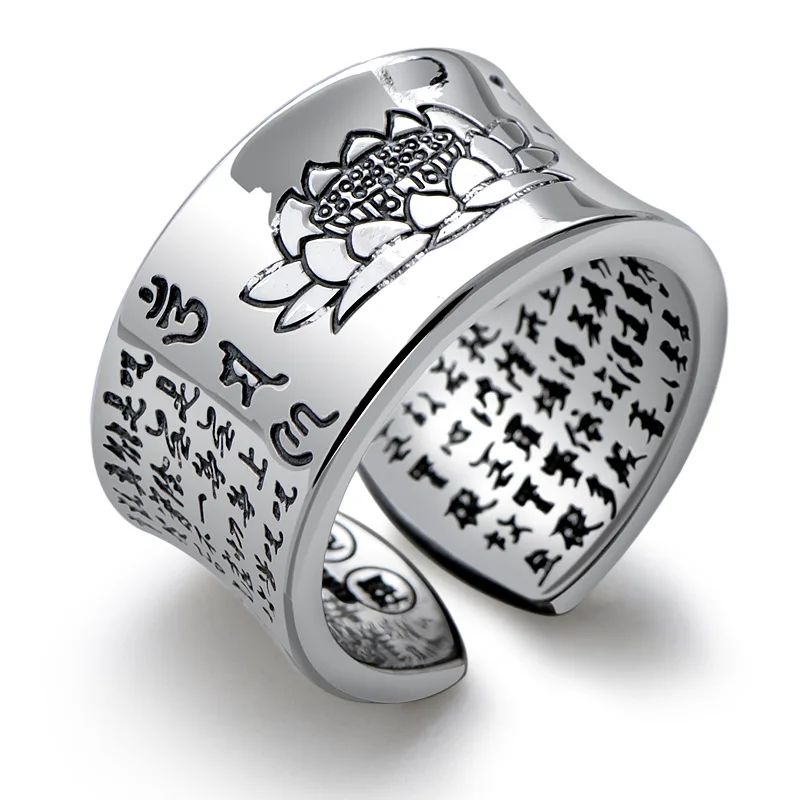 

Оригинальное серебряное кольцо для женщин, оригинальное открытое мужское кольцо с шестью мантрами лотоса, ювелирные изделия US 8-11