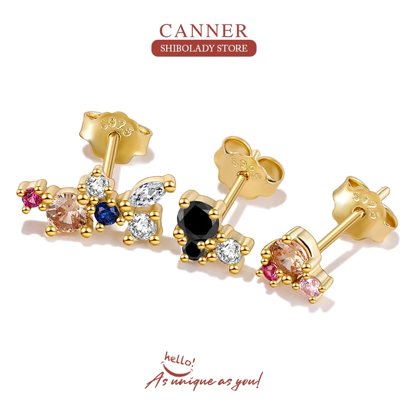 

CANNER Color Zircon Cartoon Cross Flower Earrings For Women 925 Sterling Silver Piercing Stud Earring Pendientes Wedding Jewelry