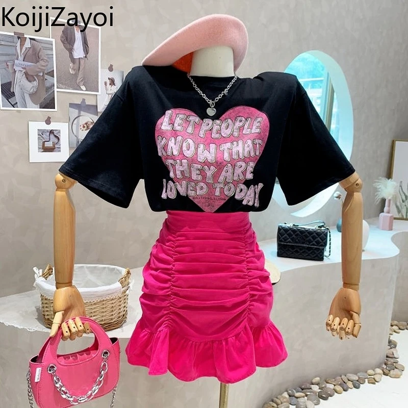 

Koijizayoi Fashion Women Summer Two Pieces Set Print Tshirt High Waist Ruffles Skirt Chic Korean Outfits 2022 New Suit All Match