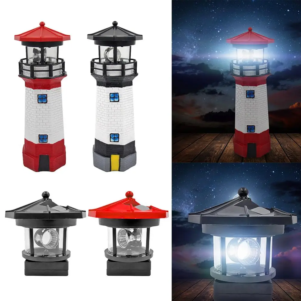 Lighthouse Shape Solar LED Light Practical Durable Multifunction Garden Fence Outdoor Beacon Rotating Beam Lamp Courtyard Decor