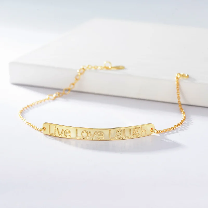 

S925 Sterling Silver Geometric Rectangular Strip Engraved Chain Women's Fashion Bend Brand English Jewelry Bracelet Holiday Gift