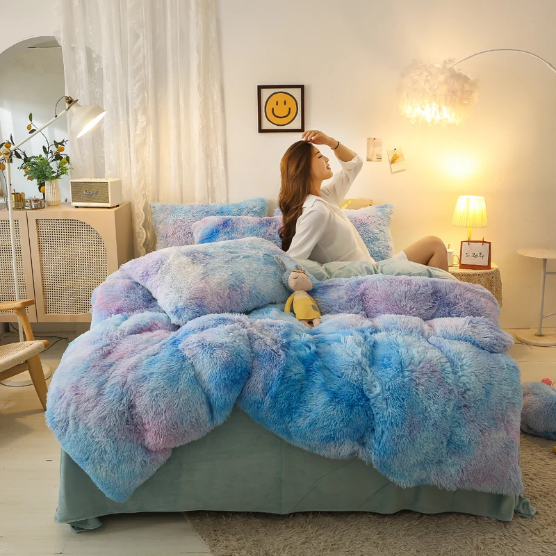 

3/4Pcs Warm Bedding Set Color Tie-Dyed Long Hair Plush Flannel Duvet Cover Fleece Home Linen Textile Winter Bedclothes European