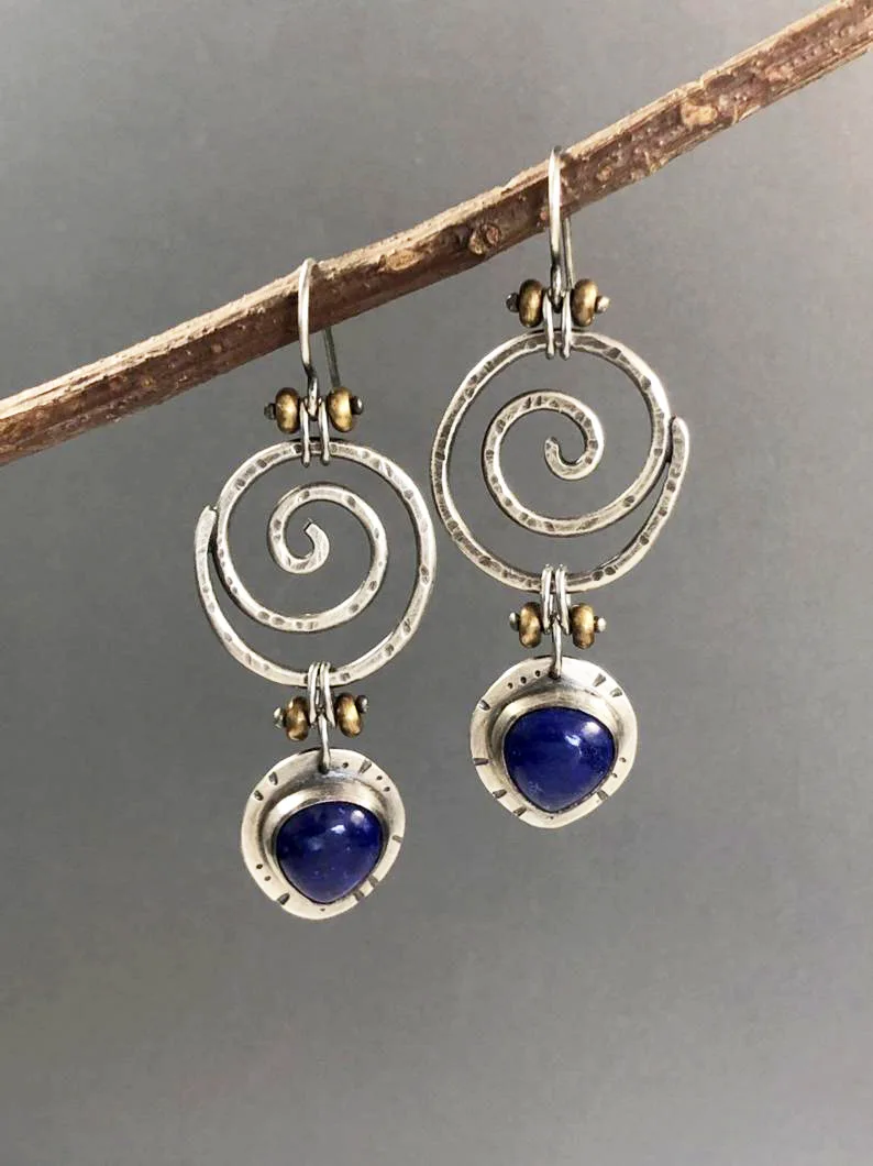 

Vintage Hollow Spiral Blue Natural Stone Women Drop Earrings Tibetan Silver Whirl Ethnic Lapis Lazuli Earring Tribal Jewelry