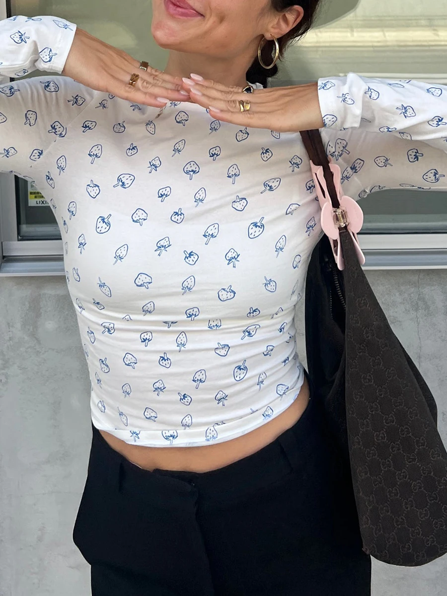 Women’s Fruit Print Tops Long Sleeve Crew Neck Fit Shirts Spring Fall Blouses