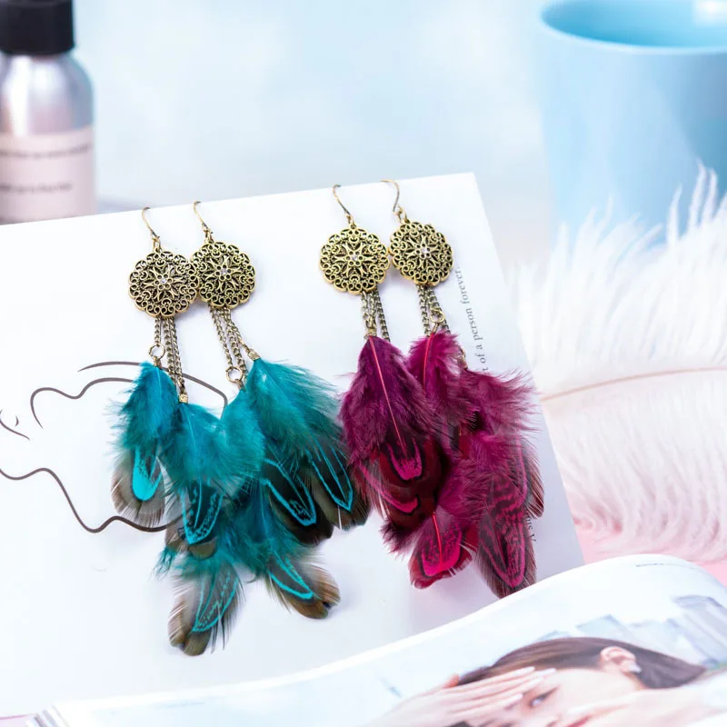 

Bohemia Long Feather Dangle Women's Earrings Beach Long Tassel Metal Chain Flower Earrings Bride Wedding Pendientes Mujer 2023