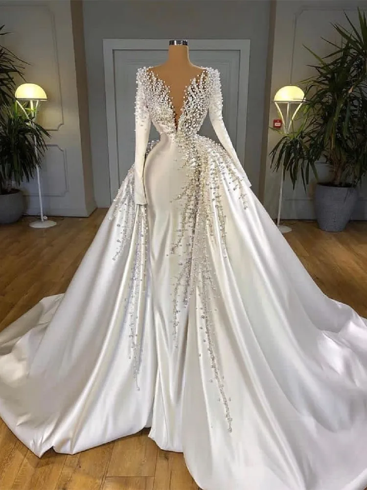 Exquisite Wedding Dresses Long Sleeves V Neck Sequins Appliques Beaded Pearls Satin Detachable Ruffles Bridal Gowns Tailored