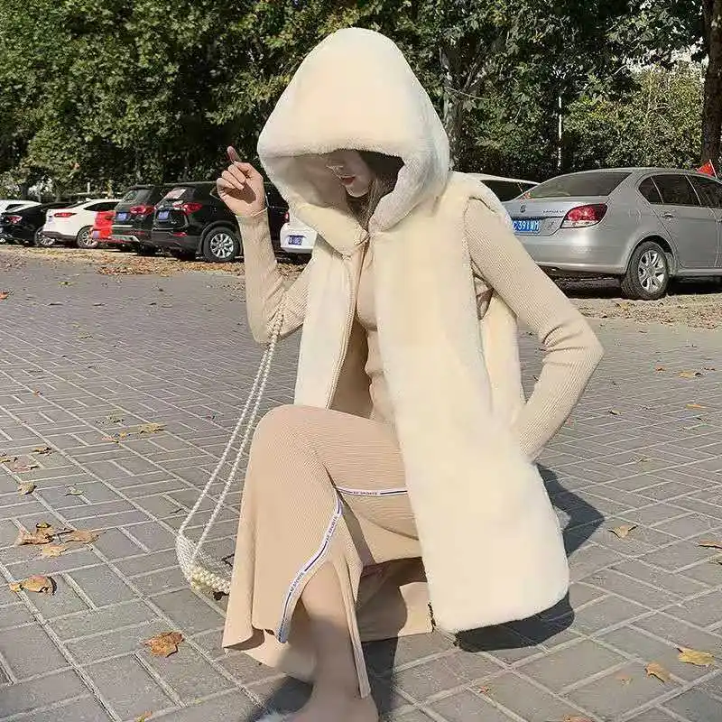 Faux Fur Vest Winter Coat Women Hooded Fur Waistcoat Warm Jackets Sleeveless Cardigan Korean Fashion