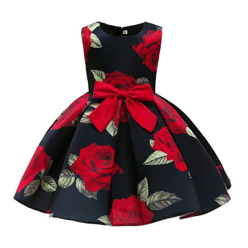 

Children Clothing Baby Girls Rose Print Bow Causal Sleeveless Princess Dresses Brithday Wedding Party Costume