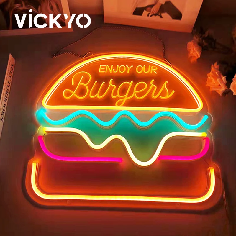VICKYO LED Neon Lights Sign Hamburger Neon Lamp Acrylic Night Light For Birthday Wedding Party Christmas Holiday Xmas Decoration