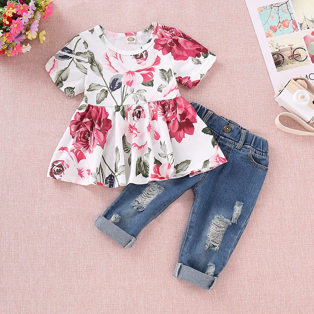 

Children's Clothing Toddler Kids Baby Girls Clothes Sets Fashion Short Sleeve Floral Crop Tops+Hole Denim PantsClothes