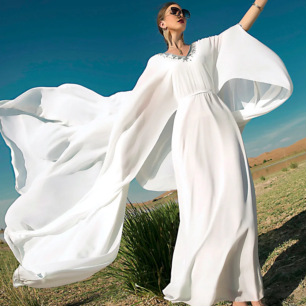 

White V-Neck Cape Swing Dress Diamonds Kaftan Women Dubai Abaya Cloak Party Dresses Muslim Islamic Morocco Caftan Jilbab Robe