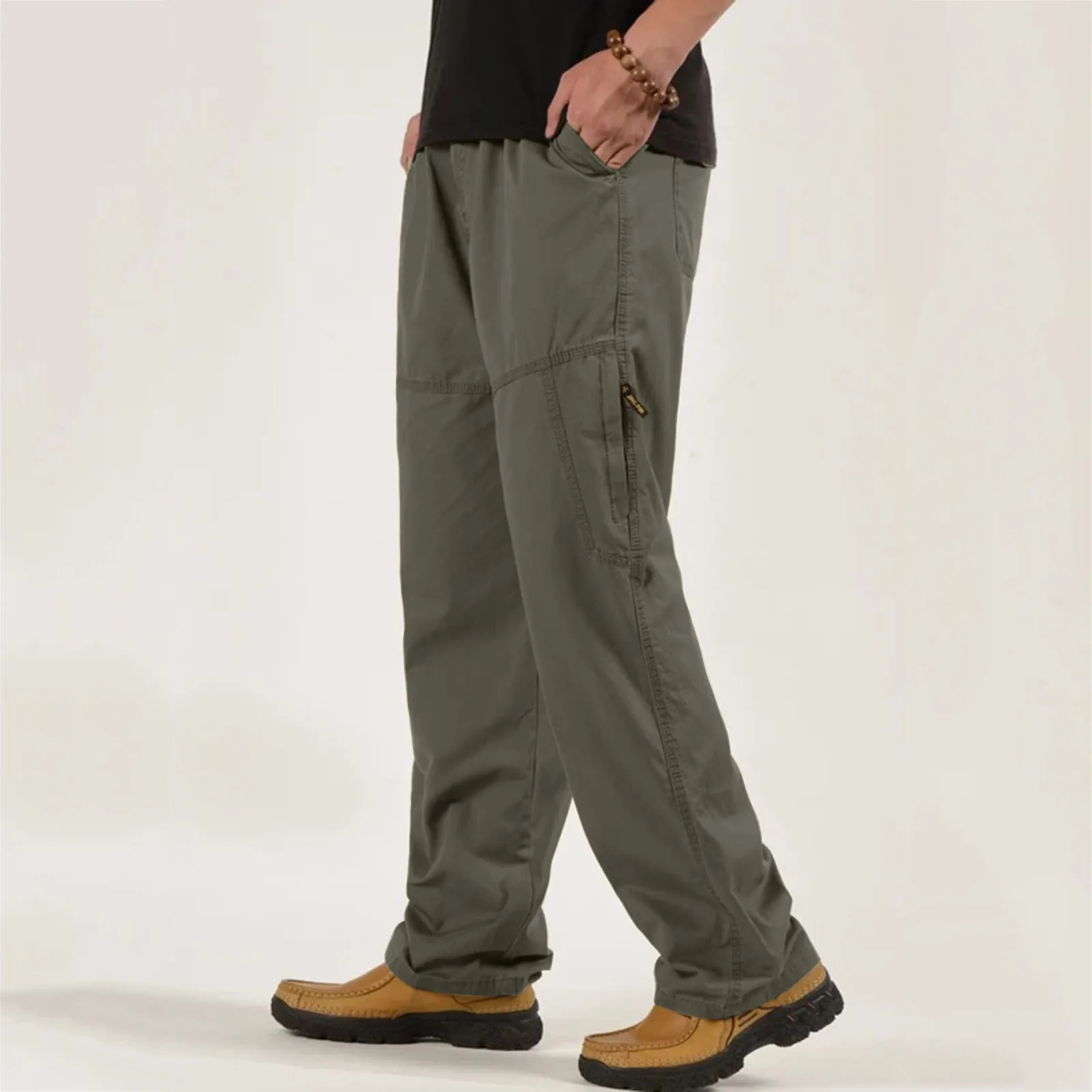 

Mens Fashion Casual Loose Cotton Pocket Lace Up Elastic Waist Pants Trousers Wide Legged Cotton Pants