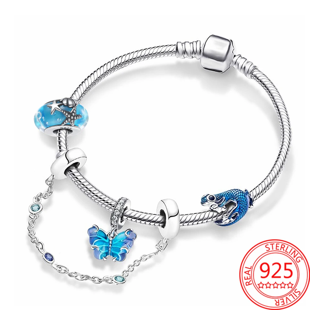 

New Blue Murano Glass Butterfly Dangle Charm Metallic Gecko Beads Triple Safety Chain With Snake 925 Sterling Silver Bracelet