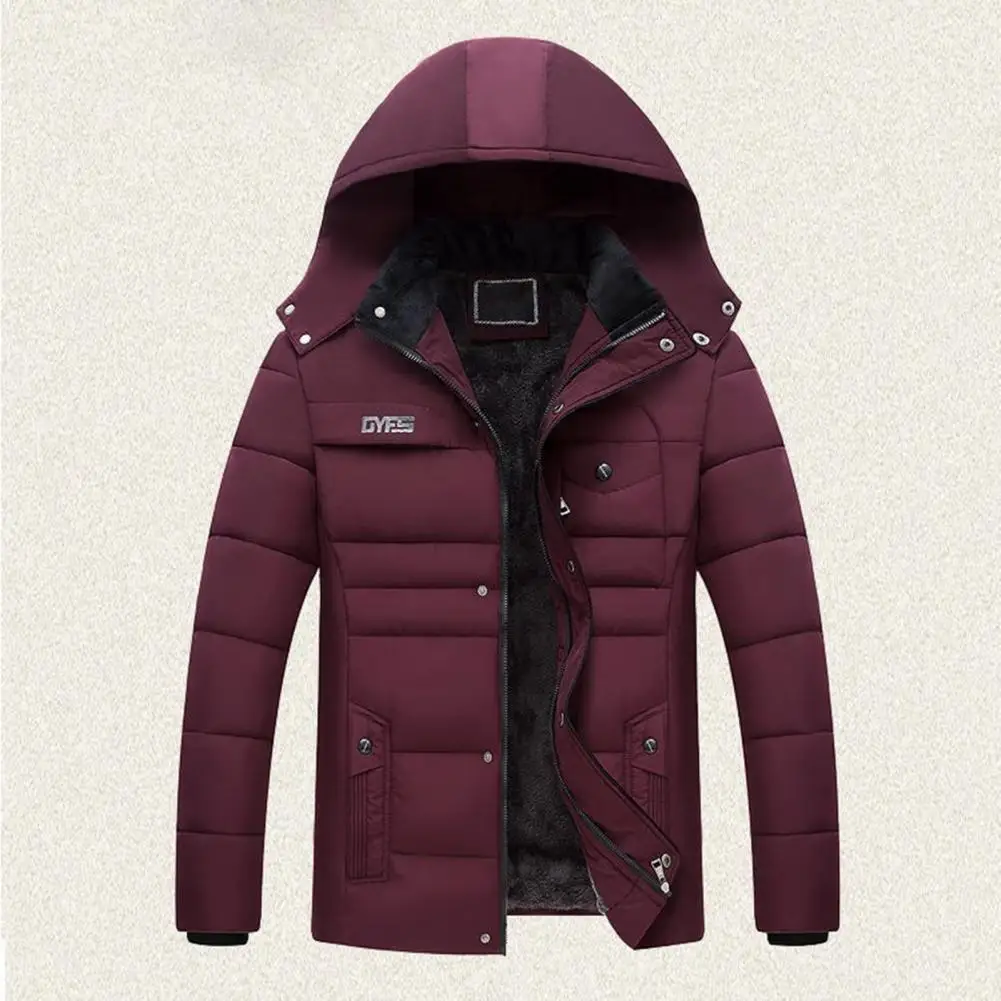 Men Hooded Coat Cotton Padded Plush Lining Solid Color Windbreaker Plus Size Cold Proof Hood Jacket Outwear Streetwear