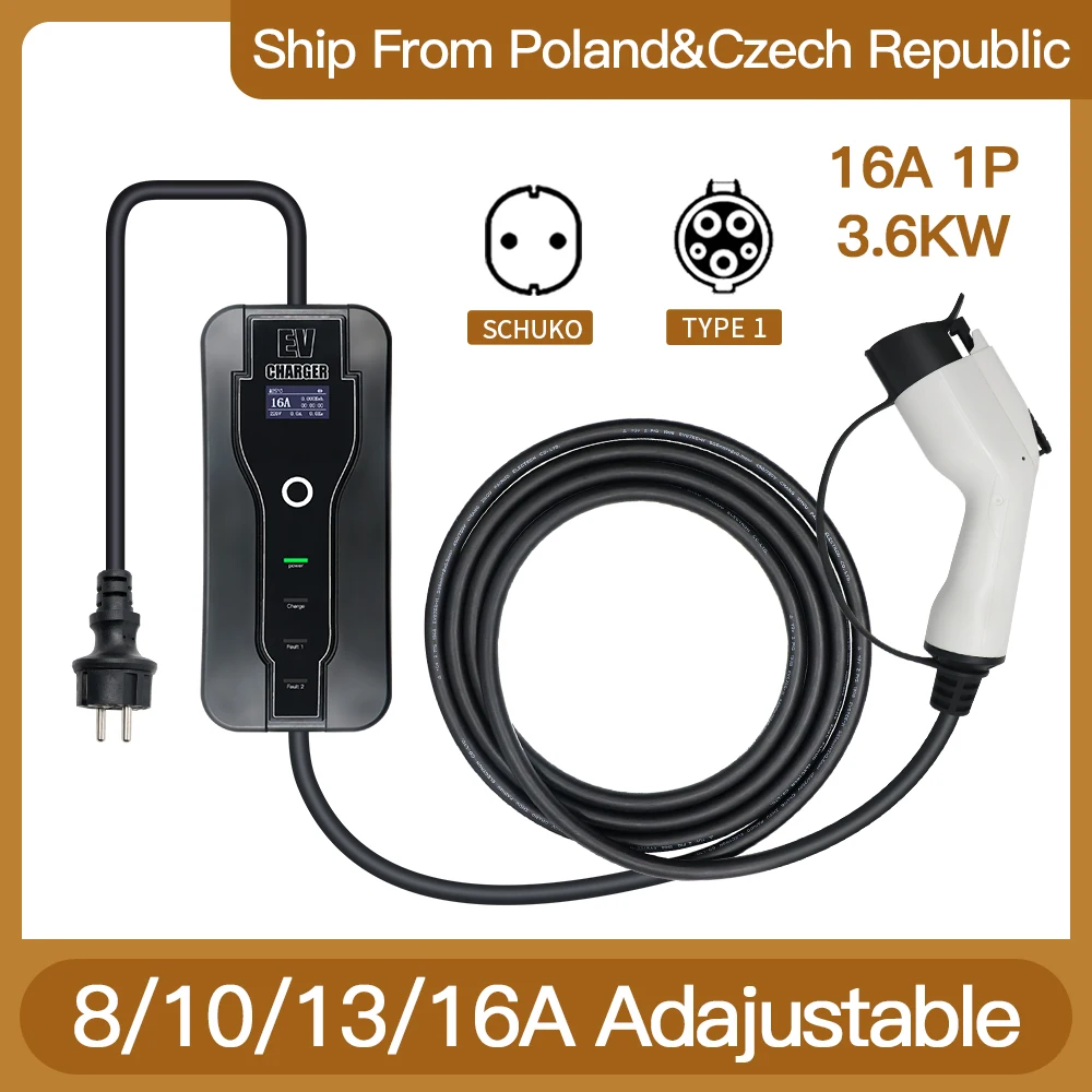 EV Charger Type1 J1772 Type2 IEC62196 16A 3.6KW Portable Adjustable Wallbox Level2 with 5m Cable for Electric Cars Home Charge