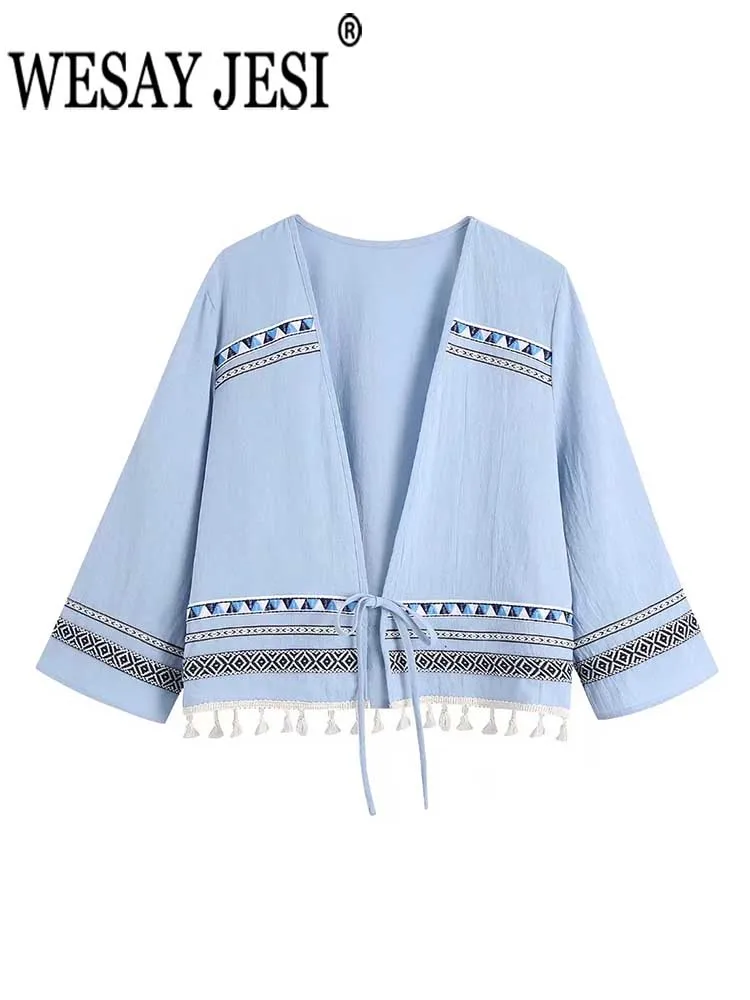

WESAY JESI Fashion Women's Tops Long Sleeves Light Blue Cardigan Lace Up Embroidered Fringe Decor Casual Elegant Vintage Outfits
