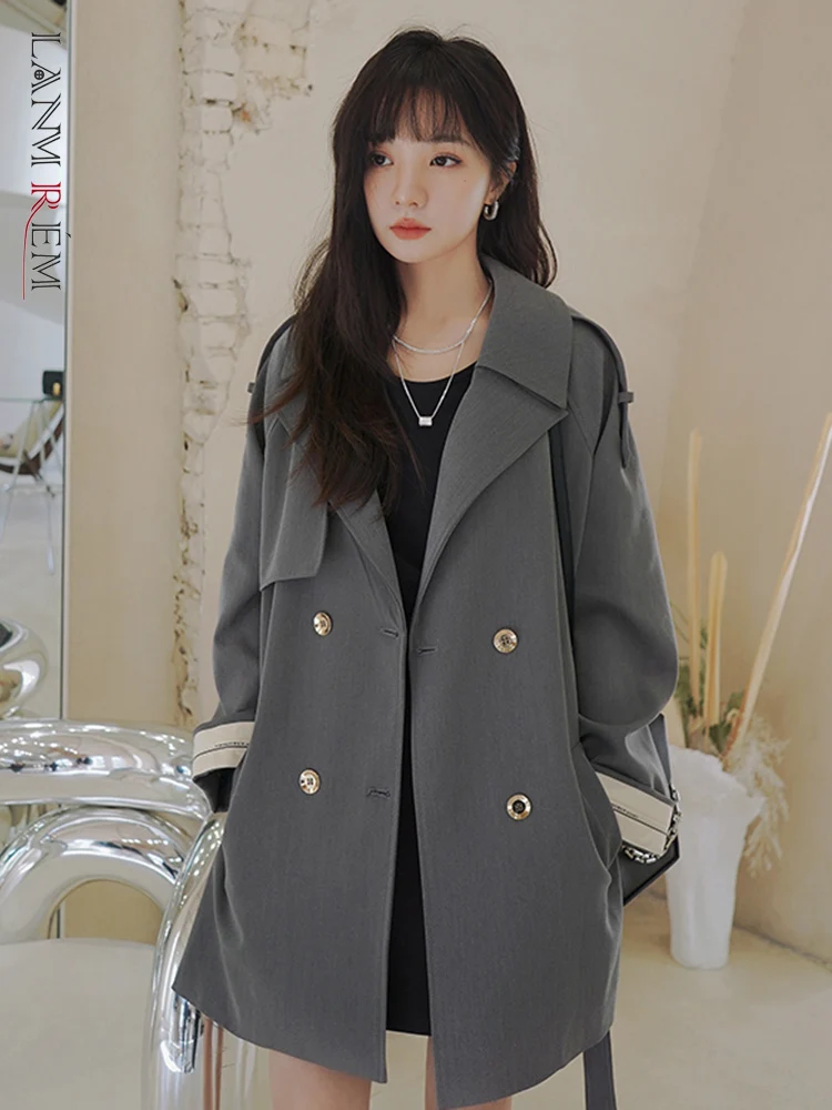 

LANMREM Korean High End Trench Coat Fo Women Lapel Double Breasted Long Sleeves Fashion Solid Belt Coats 2023 Autumn 2YA4016
