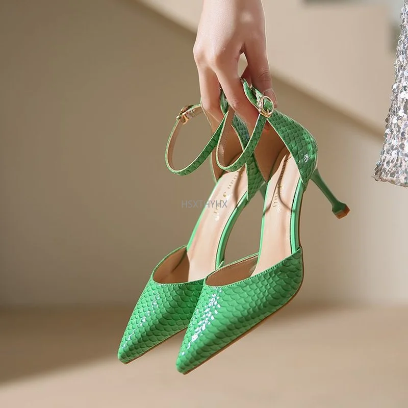 

Сексуальные Зеленые туфли-лодочки с острым носком, женская обувь для вечерние, Женская весенняя обувь из искусственной кожи на тонком каблу...