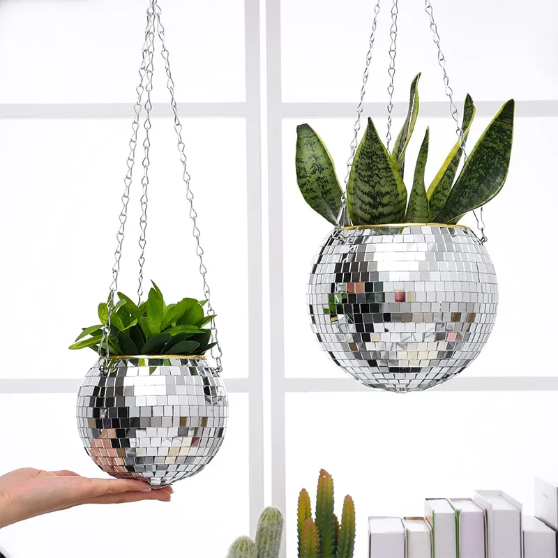 

Disco Ball Flower Pot Hanging Basket Round Mirror Wall Hanging Planter Plant Pot Hanging Vase Balcony Indoor Home Decoration