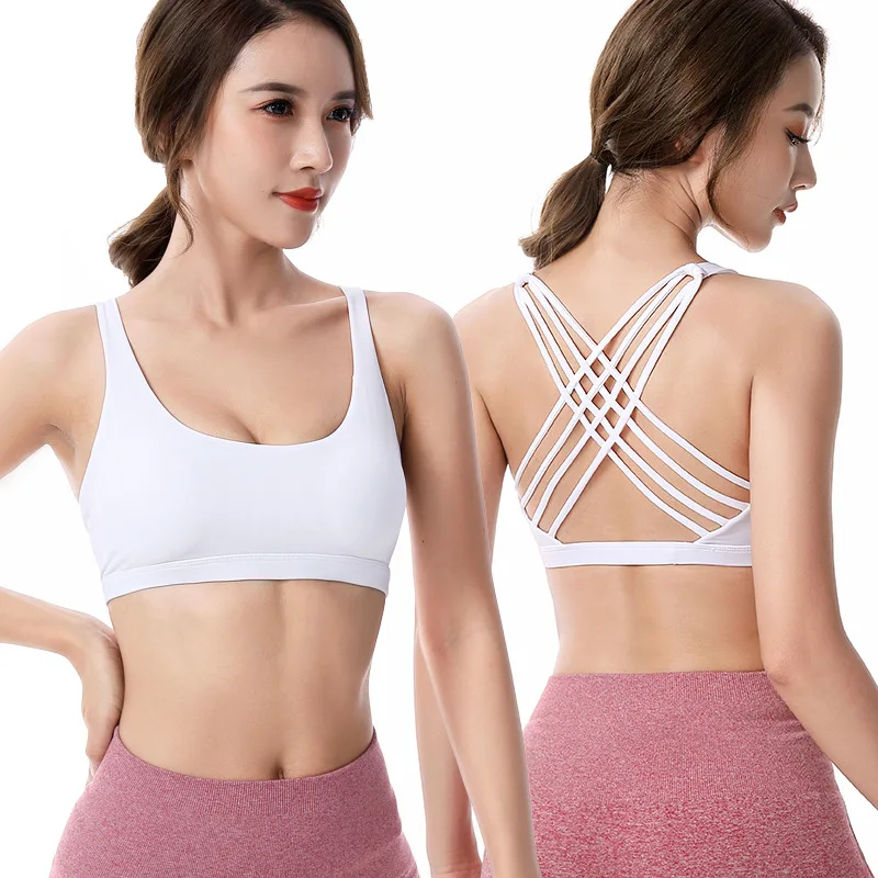 Classic Solid Color Cross Back Women Sport Bra Fitness Tank Top Shockproof Run Tight Yoga Vest No Steel Ring With Chest Pad