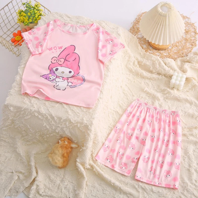 

Кавай аниме Sanrio Cinnamoroll My Melody Kuromi мультяшный Милый Летний детский молочный Шелковый пижамный комплект домашней одежды