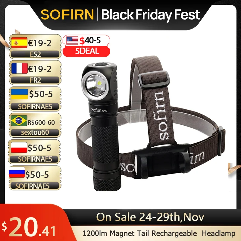 Sofirn SP40 Headlamp 1200lm LH351D 90CRI USB Rechargeable 18650 Head lamp Headlight with Power Indicator Magnet