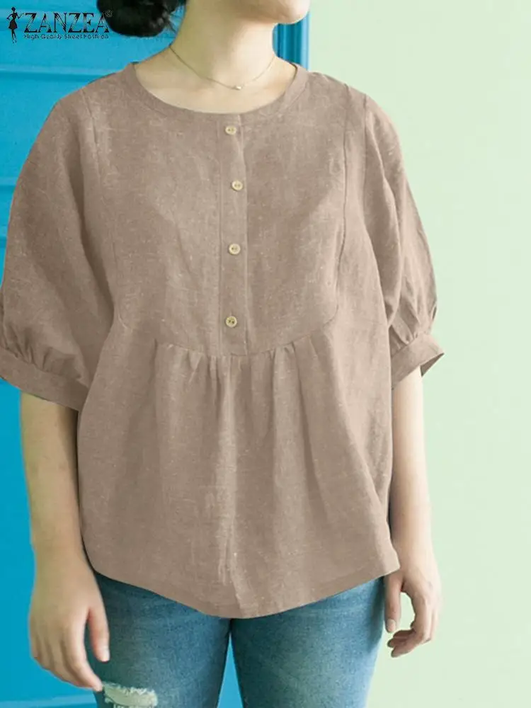 

Elegant O Neck Half Sleeve Solid TopsZANZEA Summer Vintage Blouse Women Casual Loose Cotton Shirt Female Loose Work Blusas 2023