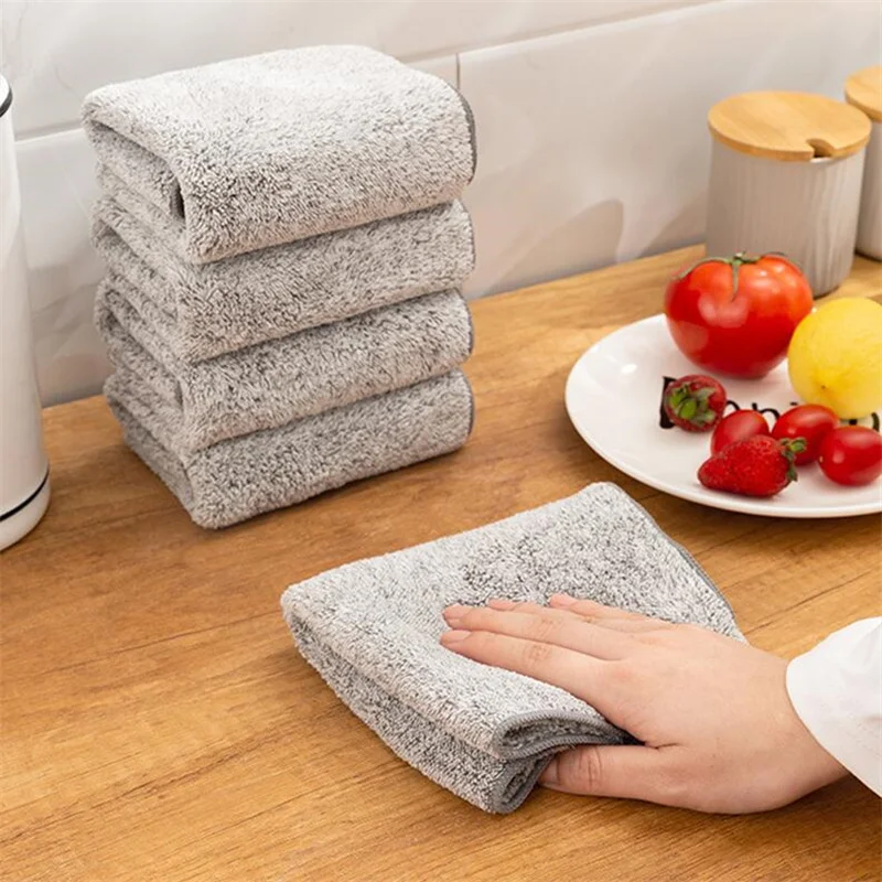 

Gray Bamboo Charcoal Thickened Super Absorbent Dishcloth Anti-Grease Home Kitchen Wiping Rags Microfiber Cleaning Cloths
