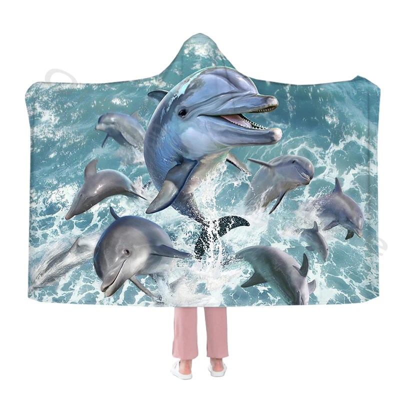 

Creative Dolphin Print Cool Hooded Blankets & Fancy Capes Warm and Soft Flannel Throws for Adults and Kids for All Seasons