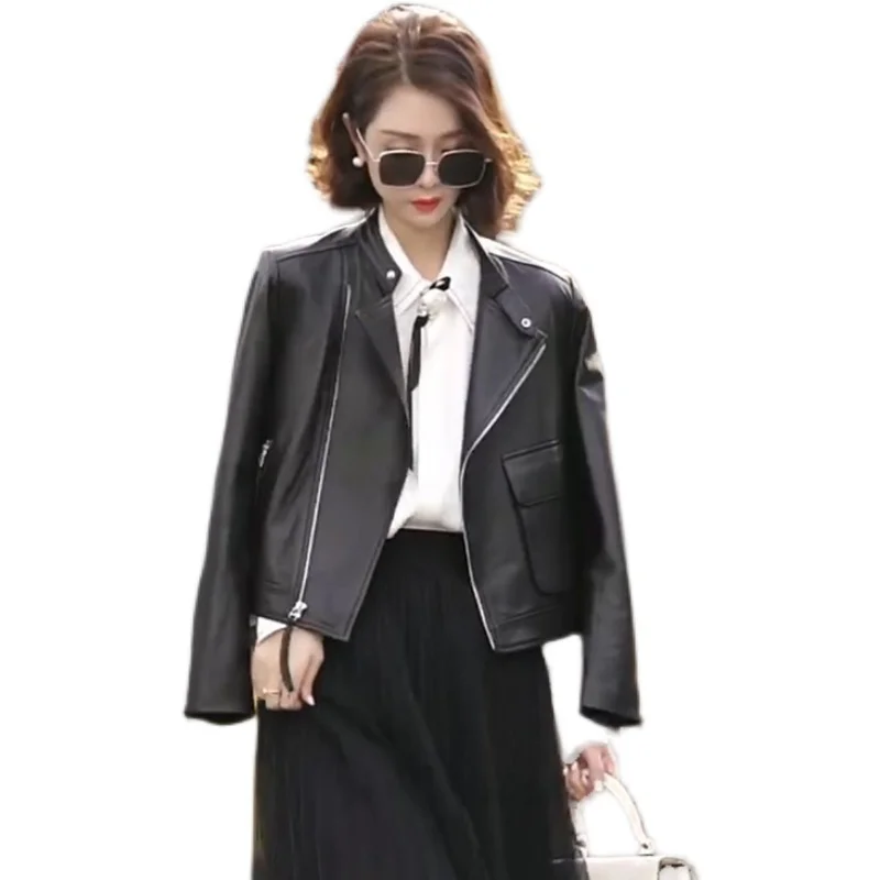 

Новинка 2023 натуральная кожа женская короткая Весенняя Новая корейская модная стильная дубленка кожаная куртка