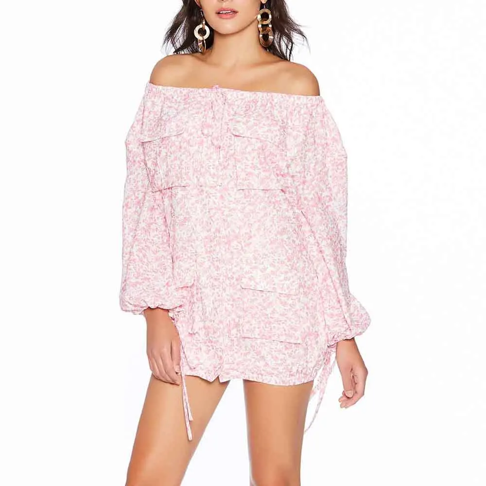 

Women Summer Off Shoulder Sweet Mini Dress Print Floral Patchwork Fashion Simple Fairy Girl Dating Party Beach Streetwear Chic