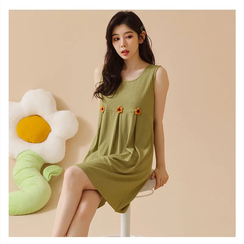 Yasuk Summer Fashion Women's Casual Flower Print Sleepwear Nightgowns Loose Pajamas Vest BigSize Soft Sweet Cotton