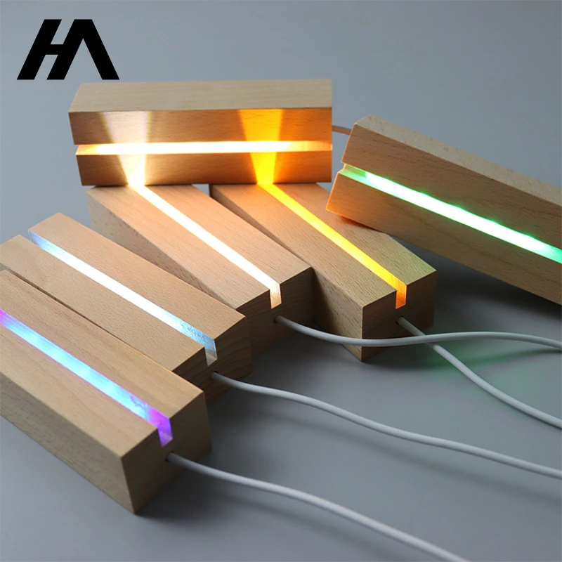 

2023 Creative Solid Luminous USB Switch Night Light Base 3D Acrylic Lamp Led Wooden Base Wood Led Light Bases for Decoration