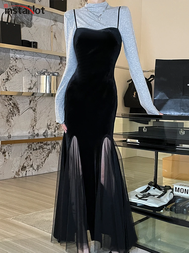 

InstaHot Y2K Velvet Black Long Dress Women Sleeveless Sling Mesh Splice A Line Dresses Fashion Party Elegant New Year Chic Wear