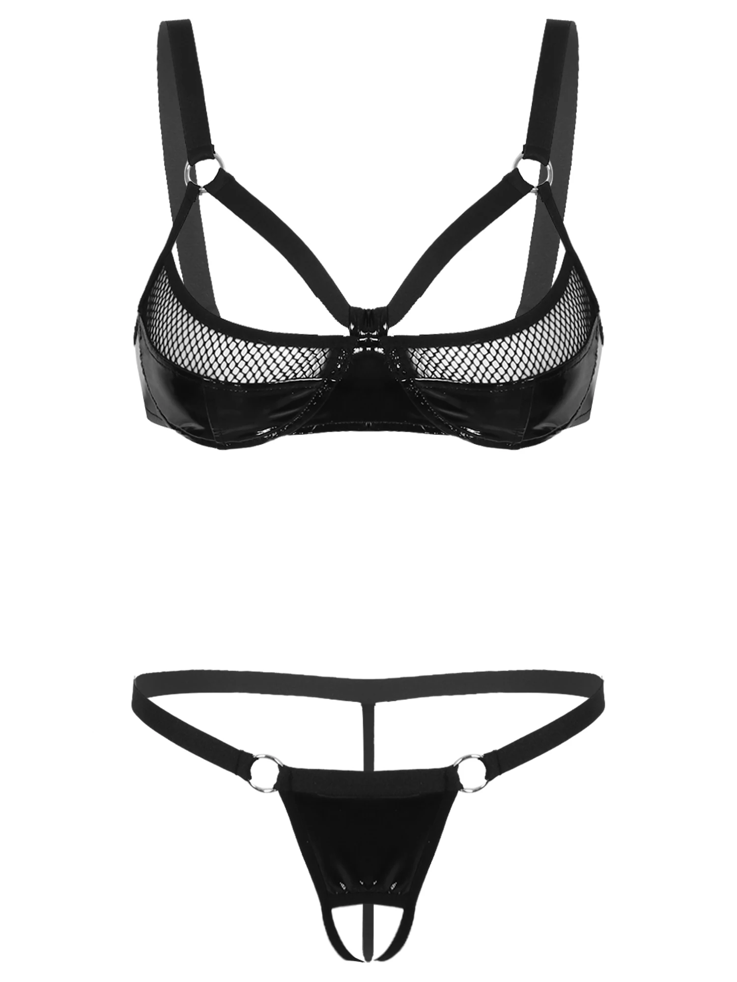 

Sexy PU Leather Lingerie Underwear Suit Two-piece Womens Exotic Hollow Out Fishnet Wireless Bra Crotch Open Thongs Pole Dance